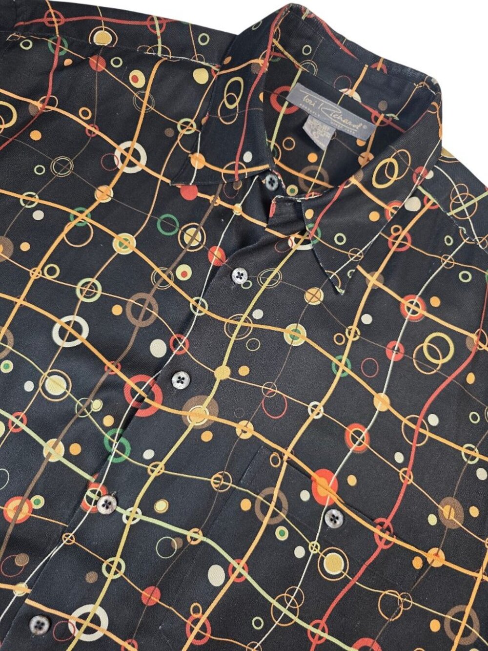 Tori Richard Mens Black Silk Shirt With Colorful Abstract Circle Grid Pattern Si